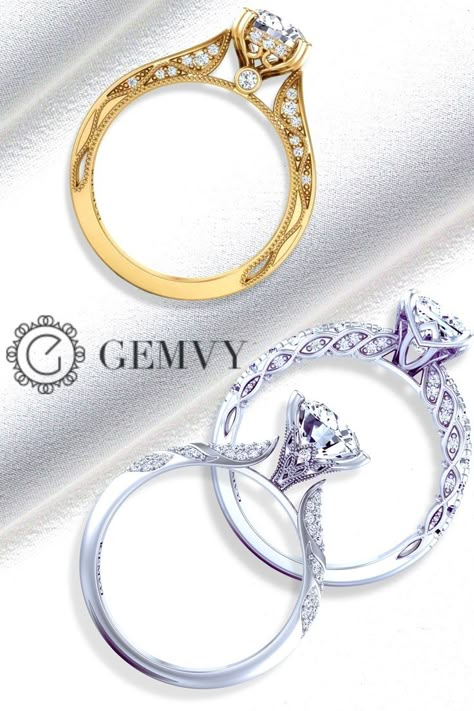 3 diamond rings-Yellow and white gold unique diamond engagement rings from Gemvy's Wisteria collection. One Stone Ring, Ring Side View, Solitary Ring, Engagement Diamond Rings, Ring Sketch, Solitaire Bands, Diamond Pendants Designs, Art Jewelry Design, Luxurious Jewelry