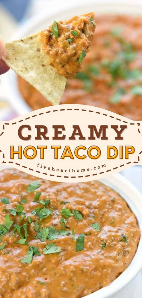 Hot Taco Dip, game day food, football appetizers Taco Dip Recipe With Ground Beef, Super Bowl Snacks Party Appetizers, Ground Beef Taco Dip, Hot Taco Dip, Ground Beef Cream Cheese, Dip Recipes Hot, Recipe With Ground Beef, Taco Dip Recipe, Beef Dip