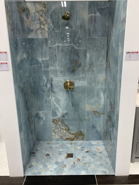 Blue Marble Bathroom, Maximalist Bathroom, Blue Bathrooms, Bathroom Design Styles, Luxury Tile, Bathroom Redesign, Blue Onyx, Bathroom Remodel Shower, Master Bath Remodel