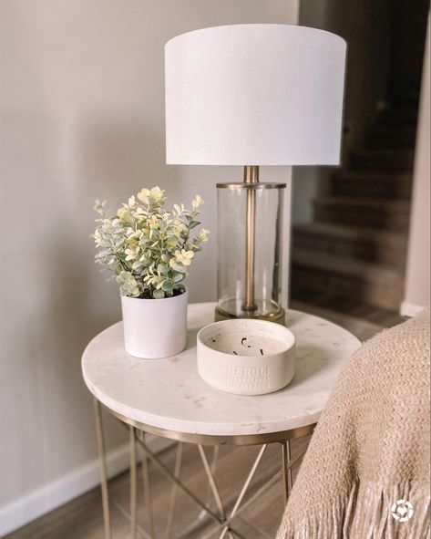 How To Style End Tables Living Rooms, Round Side Table Styling Living Room, Side Table With Lamp Living Rooms, Neutral Side Table Decor, Side Table In Kitchen, Style End Table Living Room, Living Room Side Table Lamp, Living Side Table Decor, Living Room Round Side Table