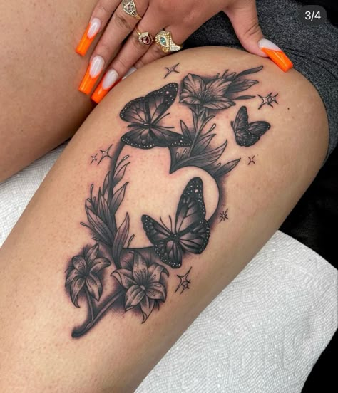 Butterfly And Flower Tattoo, Calf Tattoos For Women, Cute Thigh Tattoos, Rose Tattoos For Women, Hand Tattoos For Girls, Flower Tattoo Ideas, Cute Hand Tattoos, Pretty Hand Tattoos, Butterfly Tattoos For Women