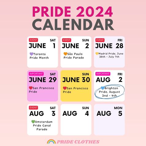 🌈 Mark your calendars for Pride 2024! These are some of the best #pride events to attend this year, tell us which you’re going to! 👇 ❤️San Francisco Pride, June 29th & 30th 🧡São Paulo Pride Parade, June 2nd 💛Madrid Pride, June 28th - July 7th 💚Amsterdam Pride Canal Parade, August 3rd 💙Brighton Pride, August 2nd - 4th 💜Toronto Pride Month, June Do you already have plans to attend any of these big events? 🏳️‍🌈 #prideclothesoh #prideclothes #pridefashion #rainbowfashion #rainbowclothes #lovei... Pride Month 2024, Toronto Pride, Brighton Pride, Pride 2024, Pride Clothes, Rainbow Outfit, Rainbow Fashion, Pride Outfit, 2024 Calendar