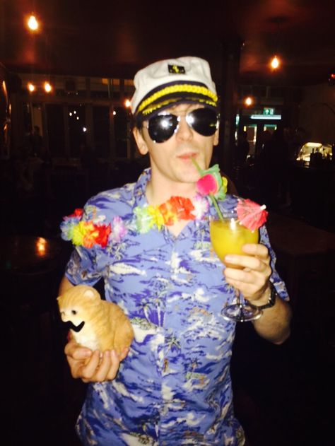 Yacht Rock Paradiso DJ Yeah Buoy #HawaiianShirt #cocktail #CaptainsHat #kitten #Aviators Yacht Rock Party Ideas, Yacht Rock Party Decor, Yacht Rock Party Outfits, Nautical Party Outfit, Rock Party Theme, Cabo Party, Yacht Food, Yacht Pictures, Cruise Theme Parties