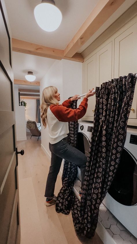 Staged Laundry Room, Laundry Room With Curtains, Hide Washer And Dryer With Curtains, Hiding Washer And Dryer With Curtains, Decorate Washer And Dryer Ideas, Washer And Dryer In The Kitchen, Curtains In Laundry Room, Curtain To Hide Washer And Dryer, Washer And Dryer Across From Each Other