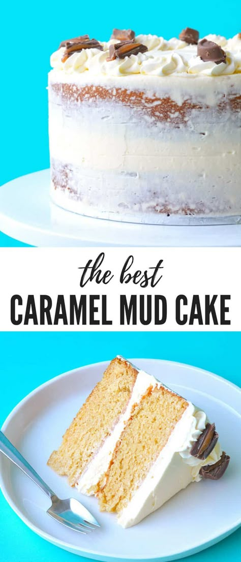 You'll love this gorgeous two-layer Caramel Mud Cake topped with creamy white chocolate buttercream. It's so easy to make! And delicious! Recipe from sweetestmenu.com #cake #caramel #buttercream Mud Cakes, Caramel Mud Cake, Cake With White Chocolate, Birthday Cake Recipes, White Chocolate Buttercream, Caramel Buttercream, Mud Cake, Gateaux Cake, Buttercream Recipe