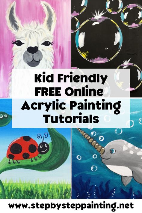 Learn to paint at home with your kids! These are free online acrylic painting tutoirals for kids and all ages! Learn with art teacher Tracie Kiernan! Acrylic Paint On Canvas Ideas, Diy Step By Step Canvas Painting Easy, Diy Paint Party Kids, Directed Painting For Kids, Easy Kids Canvas Painting Ideas, Sip And Paint Ideas For Kids, Painting Lessons For Kids, Kids Paint Night Ideas, Kids Paint Party Ideas Canvases