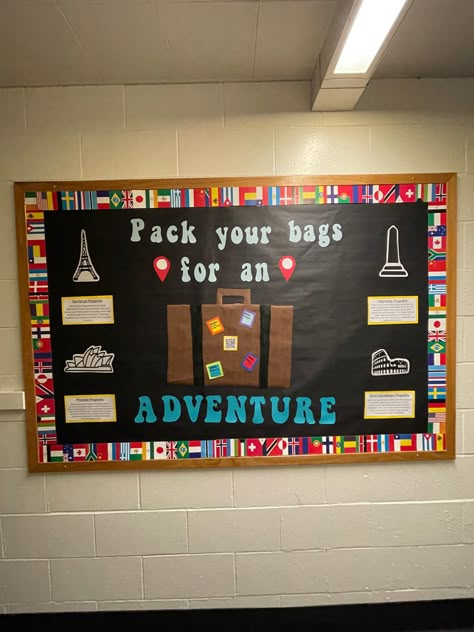 #studyabroad #reslife Travel Theme School Hallway, Traveling Bulletin Board, Travel Bulletin Board Ideas Classroom, Adventure Themed Bulletin Boards, Study Abroad Bulletin Board, Passport Bulletin Board Ideas, Around The World Bulletin Board Ideas, Ra Travel Theme Bulletin Boards, Adventure Awaits Bulletin Board