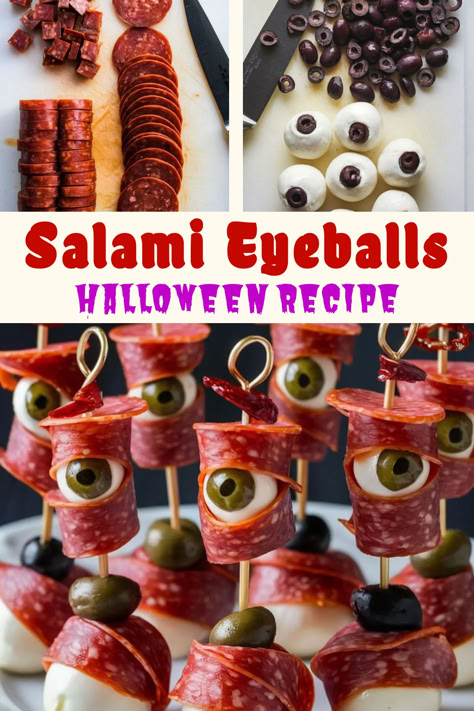 A colorful pin showcasing "Salami Eyeballs Halloween Recipe" with bold text. The top features sliced pepperoni and chopped olives with mozzarella balls. Below, finished skewers of salami-wrapped mozzarella "eyeballs" with olives, perfect for a spooky Halloween snack. Spooky Food Appetizers, Eyeballs Halloween Food, Halloween Salami Eyeballs, Halloween Antipasto Eyeballs, Spooky Finger Foods For Halloween Party, Halloween Skewers Ideas, Spooky Themed Appetizers, Halloween Skewer Ideas, Halloween Meatballs Appetizers