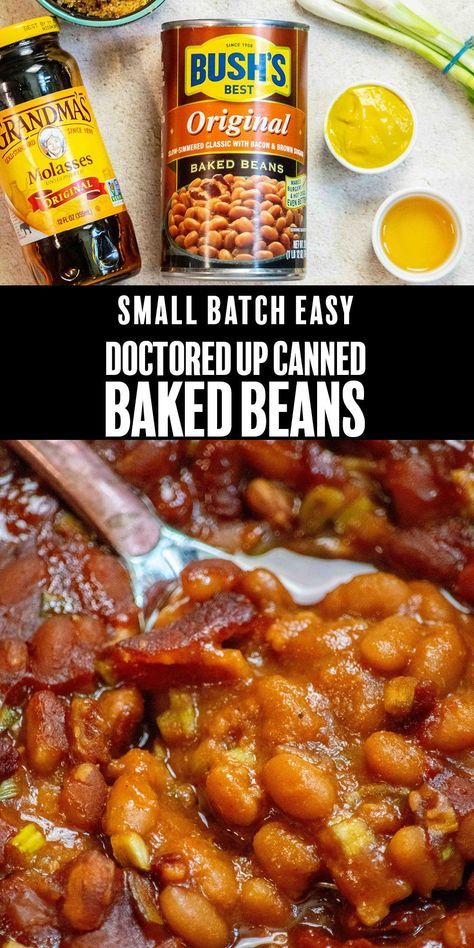 This easy small batch Doctored Up Bush's canned baked beans recipe takes simple canned baked beans to the next level with simple ingredients, and bakes in under 45 minutes! The perfect side dish for your next cookout! Baked Beans For Two, Baked Beans Small Batch, Doctor Up Canned Baked Beans, Small Batch Baked Beans, Bush Baked Beans Recipe, Bushs Baked Beans Recipe Easy, Crockpot Baked Beans Canned, Bake Beans Recipe Easy, Baked Beans Recipe From Canned Beans