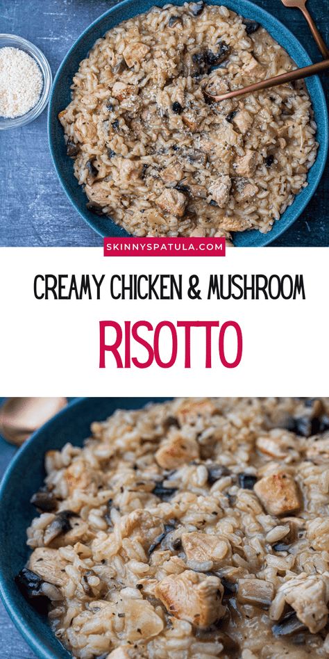 Creamy risotto with chicken and mushrooms pin Creamy Chicken Risotto, Mushroom Asparagus Risotto, Rice Risotto Recipes, Risotto With Chicken, Orzo Rice, Healthy Heart Recipes, Risotto Recipes Chicken, Filling Meals, Savoury Meals