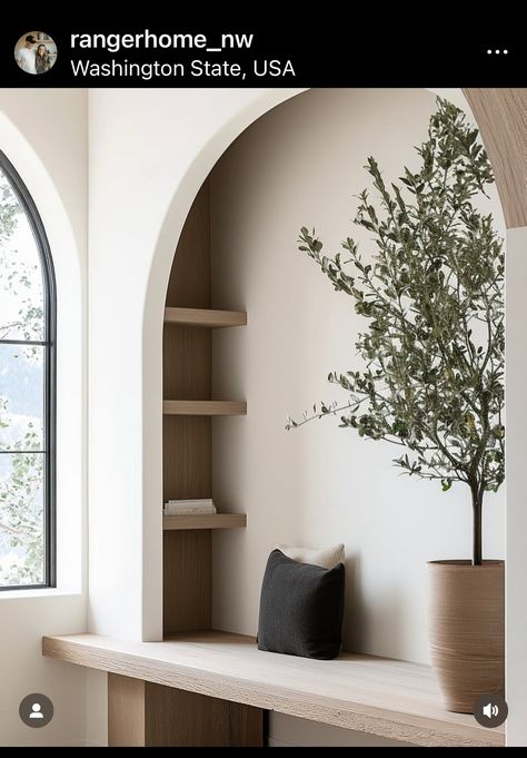 Wall Niche Ideas Entryway Entrance, Arched Niche In Wall, Niche In Wall, Wall Niche Ideas, Wall Nook, Alcove Shelves, Living Room Nook, Spec House, House Mood Board