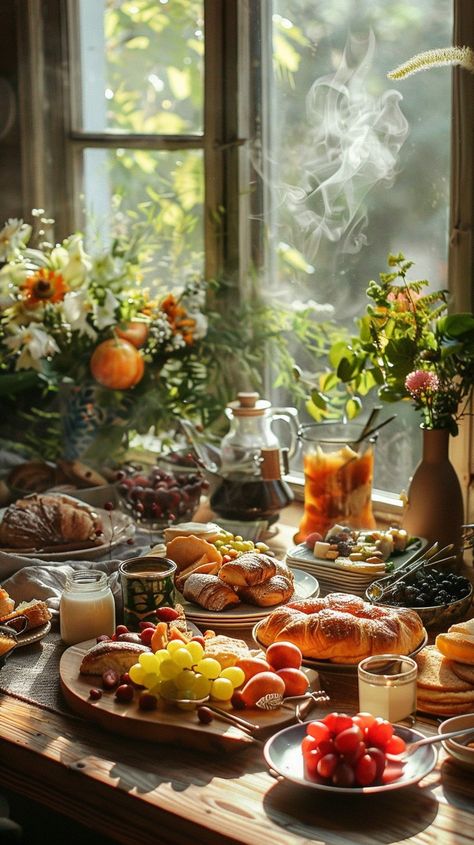 Sunlit Breakfast Spread: A cozy morning setting featuring a sunlit breakfast table laden with fresh fruit, pastries, and flowers. #breakfast #sunlight #morning #fresh #fruits #aiart #aiphoto #stockcake ⬇️ Download and 📝 Prompt 👉 https://ayr.app/l/i5Hw Sunday Morning Breakfast Aesthetic, Breakfast Esthetics, Breakfast Table Photography, Cozy Bed And Breakfast, Autumn Sunday Morning, Breakfast Table Aesthetic, Breakfast Aesthetic Mornings, Morning Breakfast Aesthetic, Sunlight Morning