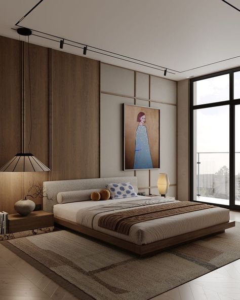 Modern Penthouse Interior Design Bedroom, Bed Back Wall With Window, Bedroom Wall With Windows, Hotel Room Interior Modern, Hotel Room Decor Ideas, Penthouse Bedroom Design, Hotel Room Design Luxury, Hotel Room Interior Design, Bedroom Design Modern Luxury