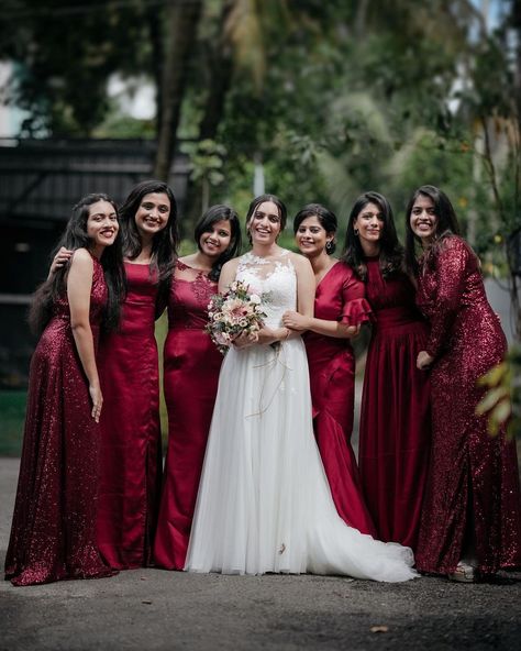 Kerala Bridesmaid Dresses, Kerala Bridesmaid, Bridal Maid Dress, Kerala Dress, Satin Bridesmaids Gowns, Wine Theme Wedding, Wine Wedding, Maid Dress, Bridesmaid Gown