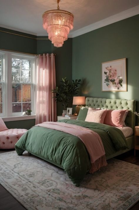 30 Chic Sage And Pink Bedroom Inspirations - whatdosquirreleat.com Green Room Pink Accents, Dark Green Blush Bedroom, Blush Pink And Green Bedroom Ideas, Green White Pink Bedroom, Light Pink And Dark Green Bedroom, Sage Green And Mauve Bedroom, Dark Green Pink Bedroom, Pink And Green Themed Room, Green And Pink Colour Scheme