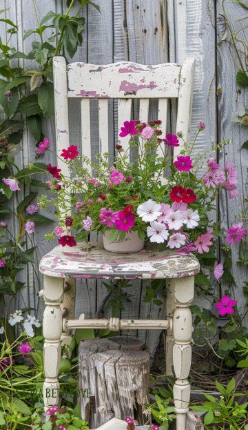 Painted Garden Chairs, Beautiful Porches, Country Garden Decor, Vintage Garden Decor, Cottage Gardens, Old Chairs, Old Chair, Garden Yard Ideas, Garden Oasis