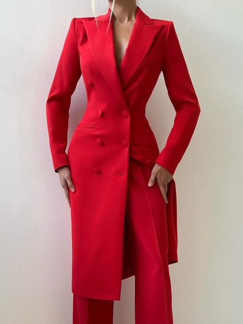 Custom Made Suits For Women, All Red Christmas Outfit, Holiday Suits Women, Unique Suits For Women, Tailored Womens Suits, Red Pant Suit For Women, Long Blazer Outfits For Women, Women’s Suits, Feminine Suits Prom