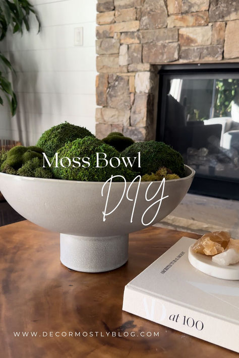 gray bowl with green moss. restoration hardware moss bowl dupe. gray pedestal bowl. large moss balls. reindeer moss.. Bowl With Moss Centerpiece, How To Make A Moss Bowl, Moss In A Bowl, Moss Bowl Decor, Moss Bowl Centerpiece Diy, Moss Centerpieces Diy, Moss Bowl Centerpiece, Bowl Decor Ideas, Moss Bowls