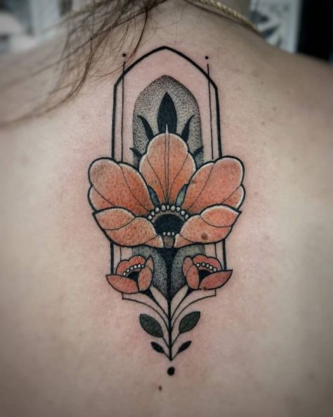 101 Best Amazing Art Deco Tattoo Ideas You Need To See! 94 Outsons Art Nouveau Forearm Tattoo, Old Fashioned Flower Tattoo, Ornamental Tattoo Color, Neo Traditional Plant Tattoo, Neo Traditional Poppy Tattoo, Earth Tone Tattoo, Art Nouveau Flower Tattoo, 1970s Tattoos, Broach Tattoo