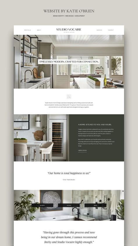 Home page design mockup included in this modern interior design website project build on WordPress by Brand and Website Designer, Katie O'Brien. https://katieobrien.com/portfolio/studio-vocaire-interior-design/ Interior Design Website Ideas, Kitchen Website Design, Interior Design Website Layout, Interior Design Website Inspiration, Home Decor Website Design, Home Page Design Website, Website Home Page Design, Architecture Website Design, Architect Website