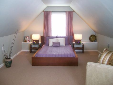 attic bedroom - pretty in purple Small Attic Bedroom Designs, Attic Master Suite, Small Attic Bedroom, Attic Bedroom Ideas, Attic Renovation Ideas, Attic Bedroom Designs, Attic Playroom, Attic Ideas, Small Attic