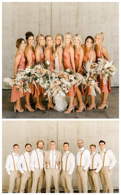 Boho Bridesmaid Dress Beach, Peach Ombre Bridesmaid Dresses, Mens Tan Wedding Attire, Groomsmen With Bowties, Sage Green Bridesmaids Tan Groomsmen, Wedding Party With Tan Suits, Terracotta Bridesmaid Dresses And Tan Suits, Bridal Bonfire Outfit, Groom And Groomsmen Attire Terracotta