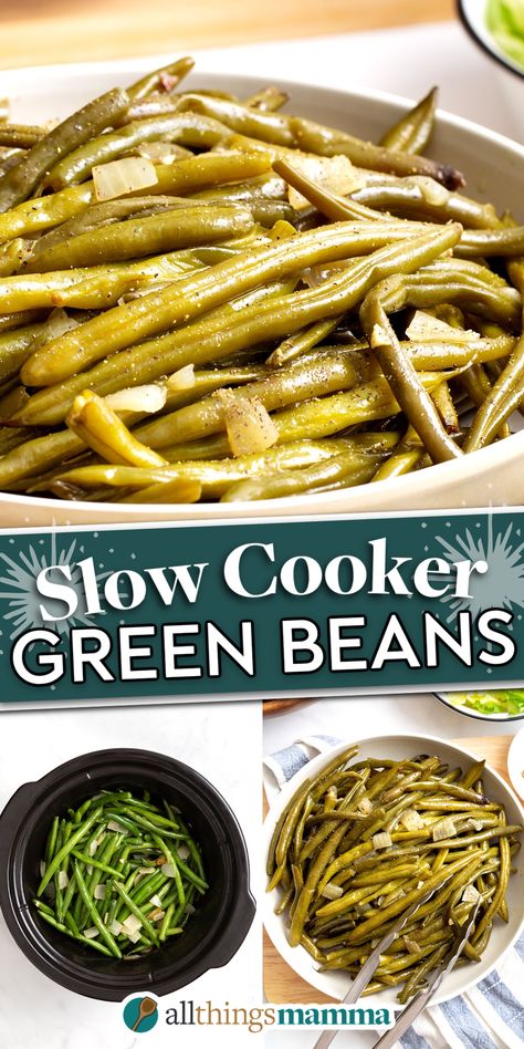 Slow Cooker Green Beans collage image. Slow Cook Green Beans, Crock Pot Green Bean Recipes, Slow Cooker Green Beans And Potatoes, Italian Green Beans Crockpot, Crockpot Frozen Vegetables, Fresh Green Bean Crockpot Recipes, Fresh Green Bean Recipes Crockpot Crock Pot, Crockpot Garlic Green Beans, Frozen Green Bean Recipes Crockpot