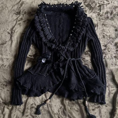 Gothic black fairy sweater. Featured a shaggy collar... - Depop Gpthic Sweaters, Collar Sweater Outfit, Gothic Ruffled Outerwear For Fall, Fur Lined Cardigan Y2k, Shaggy Sweater, Fairy Grunge Cardigan, Black Fur Trim Cardigan, Goth Princess, Black Fairy