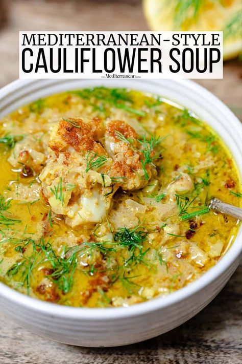 This cauliflower soup with cumin, turmeric, paprika, fresh dill, and whole milk is a lighter flavor-rich approach to roasted cauliflower soup. No heavy cream needed. Roasted Cauliflower Soup, Cauliflower Soup Recipes, The Mediterranean Dish, Easy Mediterranean Diet Recipes, Food Soup, Cauliflower Soup, Easy Soups, Fresh Dill, Easy Soup Recipes