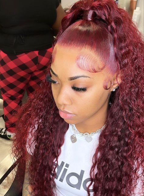 Frontal Lace Wig, Curly Lace Frontal, Hair Color Burgundy, Curly Hair Types, Pretty Braided Hairstyles, Curly Human Hair Wig, Burgundy Hair, Velvet Hair, Hair Ponytail Styles