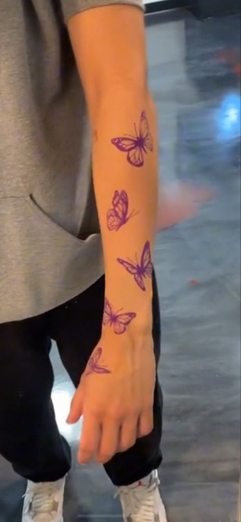 Men Tattoo Ideas Butterfly, Butterfly Wrapped Around Arm Tattoo, Butterfly Up Arm Tattoo, Butterfly Arm Tattoo Men, 5 Butterfly Tattoo, Butterfly Tattoo Men Hand, Scattered Butterfly Tattoo, Forearm Tattoos Butterfly, Wrist And Arm Tattoos