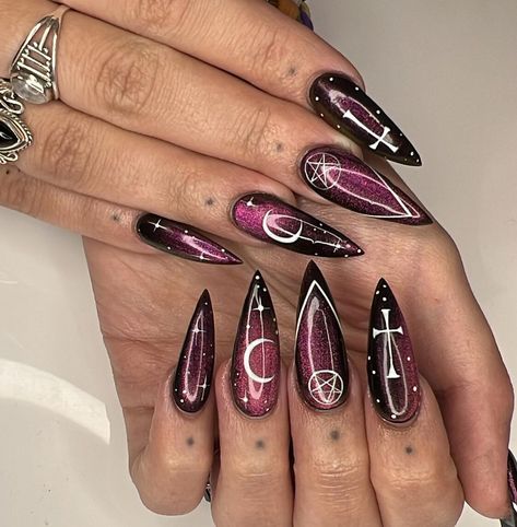 Check out the cutest Halloween nails for the spooky season! The Style Cycle has curated the best nail art for your nail inspo this month. Pink Witch Nails, Witchy Nails Acrylic, Witchy Nails Stiletto, Witchcraft Nails, Witches Nails, Occult Nails, Goth Nail Designs, Witch Nail Art, Nail Piercing