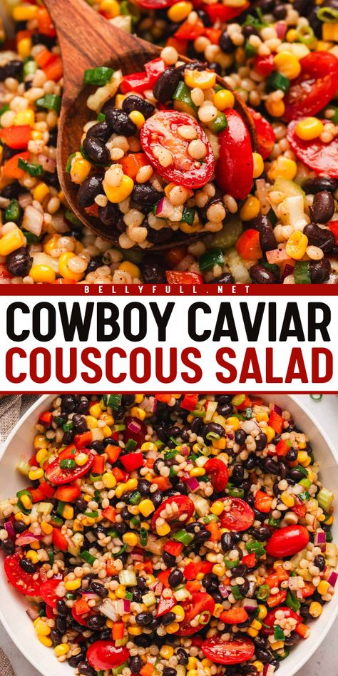 This Cowboy Caviar Couscous Salad is loaded with tender pearl couscous and a vibrant combination of diced vegetables and beans that’s tossed in a garlicky-lemon vinaigrette. It’s a quick and easy satisfying salad perfect for any get-together, and also great as a family dinner side. Couscous Main Dish Recipes, Pearled Couscous Recipes Side Dishes, Cowboy Caviar Couscous Salad, Sweet Couscous Recipes, Italian Couscous Recipes, Easy Couscous Salad, Pearl Couscous Salad Recipes, Couscous Pearl Recipes, Coos Coos Recipes