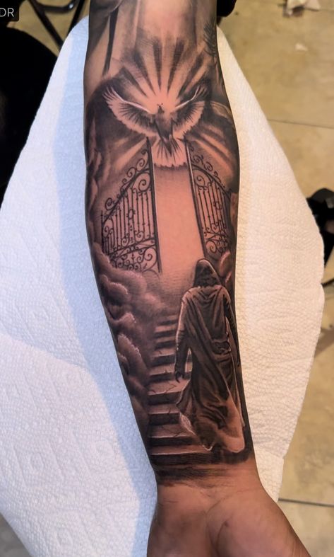 God Tattoos Sleeve, Mens God Tattoos, Inner Forearm Tattoo Sleeve, Memorial Clock Tattoos, Religious Sleeve Tattoo Men, Contentment Tattoo, Jesus Forearm Tattoo Men, Religious Shoulder Tattoo Men, 7 Days Of Creation Tattoo