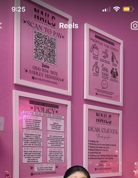 Nail Technician Room Ideas, Nail Salon Policy Ideas, Booked Nail Tech, Nail Salon In Bedroom, Aesthetic Nail Tech Room, Nail Tech Decor Ideas, Retro Nail Room, Nail Tech Specials Ideas, Nail Tech Signs