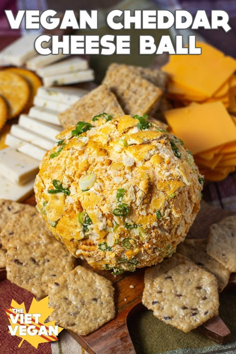 EASY Vegan Cheddar Cheese Ball - The Viet Vegan Vegan Charcuterie Board, Lactose Free Cheese, Cheddar Cheese Ball, Cheese Ball Recipes Easy, Vegan Cheddar Cheese, Cream Cheese Ball, Cheese Alternatives, Food Samples, Vegan Party Food