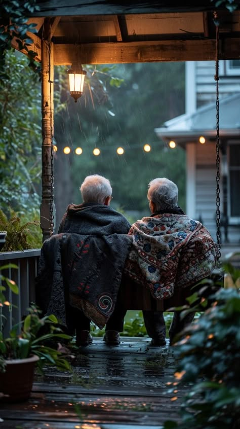 Cozy Rainy Evening: Two elderly individuals wrapped in a blanket on a porch, enjoying a quiet rainy evening together. #elderly #blanket #porch #rain #evening #aiart #aiphoto #stockcake ⬇️ Download and 📝 Prompt 👉 https://ayr.app/l/yJCz Rainy Porch, Rainy Cabin, Coffee In The Rain, Rain Evening, Elderly Love, Rainy Day Pictures, Cozy Rain, Coffee For Two, Rain Video