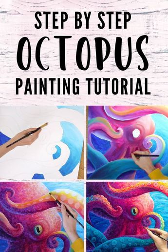 a step by step art tutorial teaching you how to paint this colorful octopus painting in acrylics. Paint An Octopus, How To Paint Octopus, Colorful Octopus Painting, How To Paint An Octopus Step By Step, How To Draw A Octopus Step By Step, Colorful Animal Paintings Acrylics, Ocean Animal Paintings Easy, How To Paint An Octopus, Octopus Painting Acrylic Easy