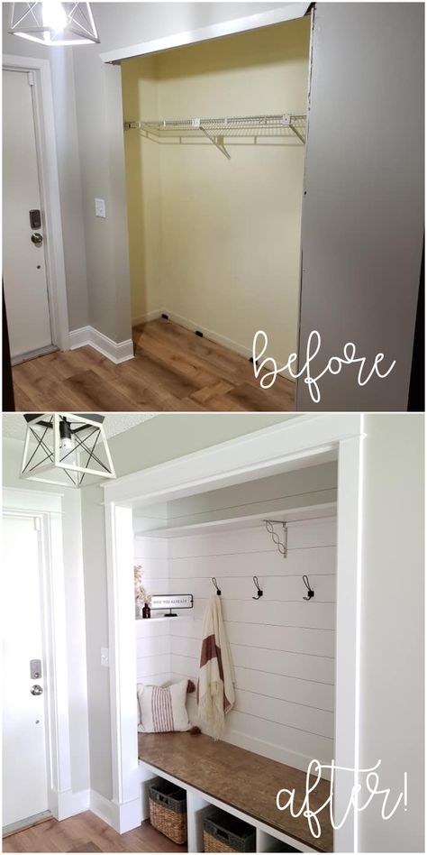 Turn a Closet into Mudroom- DIY project for a farmhouse shiplap entry way! Mudroom bench, hooks and bins. How to build a closet into mudroom. Beautiful farmhouse makeover. Closet Into Mudroom, Entry Way Closet, Entry Closet Makeover, Storage For Shoes, Mudroom Remodel, Front Closet, Entry Closet, Entryway Closet, Mudroom Decor