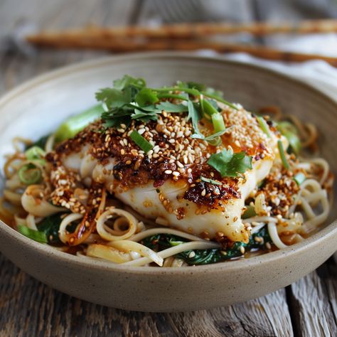 Sesame-Crusted Cod with Ginger Noodles | The Fish Society Fish With Risotto, Fish Noodles Recipe, White Fish Meal Prep, Recipes For Dinner Fish, Opakapaka-fish Recipe, Fish And Noodles Recipes, Cod Stir Fry, Sides For Cod Fish Dinners, Fish And Vegetable Recipes