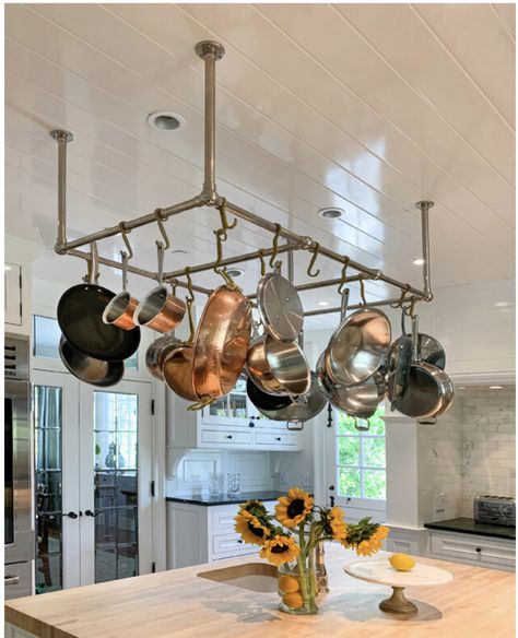 Hanging Pot Rack Ideas, Diy Hanging Pot, Kitchen Island Pot Rack, Pan Rack Hanging, Pot Rack Ideas, Rustic Pot Racks, Hanging Pot Rack, Rustic Pots, Hanging Pans