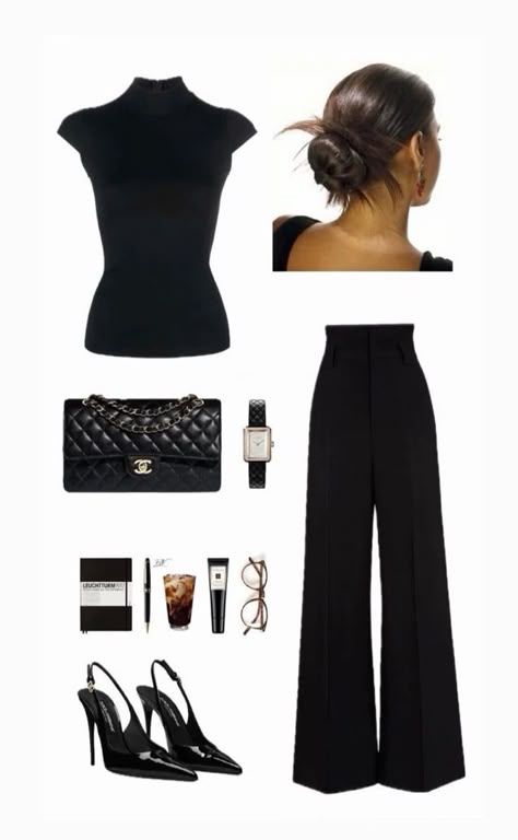 Elegant Powerful Outfits, Professional Outfits Women Office, All Black Boss Lady Outfit, Black Monochromatic Outfit Classy, All Black Hostess Outfit, Classy Event Outfit, Silent Wealth Aesthetic, Black Attire Outfit Women Party, Elegant Wardrobe Essentials