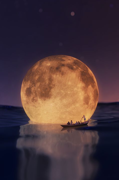 a moon floating on water with people floating by in a gondola Moon Concept Art, 3d Render Art, Technical Artist, Moon Festival, Ticket Design, Festival Background, Fantasy Background, Moon Photography, Mooncake