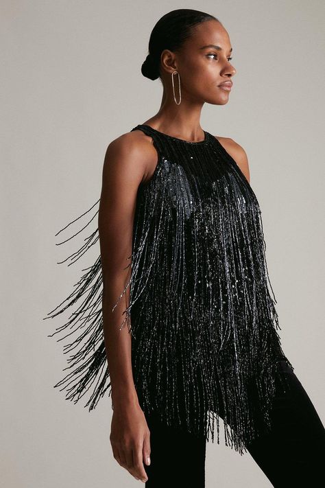 Party Dressing Just Got Even More Glamorous. Swishing With Beaded Tassels, This Opulent Halter Top Adds Instant Dramatic Allure To Plain Pants.. Fringe Top Outfit, Outfit Edit, Outfits Ladies, Dress For Winter, Outfit Ideas Inspiration, Wardrobe Space, High Fashion Men, Dress For A Wedding, Ladies Clothes Fashion