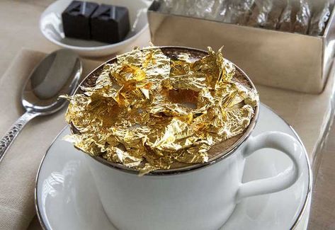 A Dubai hotel is now serving up gold cappuccinos in their lobby lounge. Here are the details! Most Expensive Food, Armani Hotel Dubai, Dubai Food, Armani Hotel, Cappuccino Machine, Luxury Food, Salty Cake, Vanilla Bean Ice Cream, Edible Gold