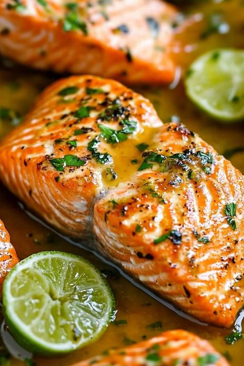 Baked Honey Lime Garlic Butter Salmon Brown Butter Honey Garlic Salmon, Honey Garlic Lime Salmon, Salmon And Lime Recipes, Salmon With Lime Recipes, Citrus Baked Salmon, Cilantro Lime Honey Garlic Salmon, Chile Lime Salmon, Baked Honey Lime Garlic Butter Salmon, Honey Dijon Salmon Baked