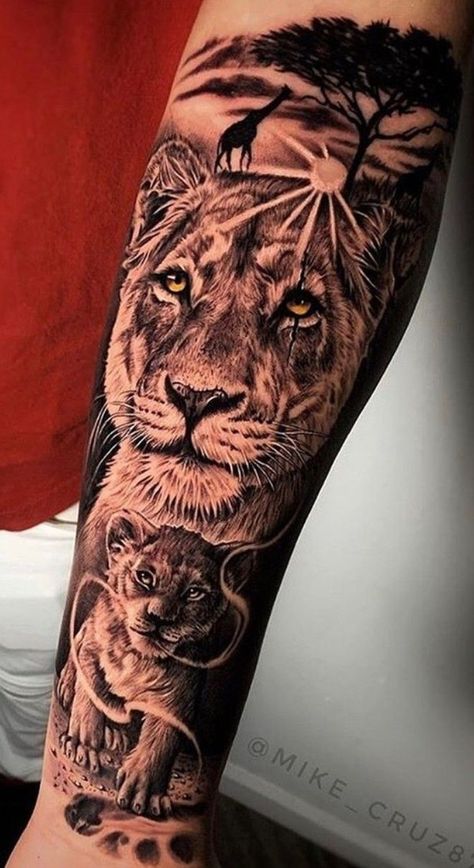 Lion Tattoo Half Sleeve, Lion Leg Tattoo, Tiger And Lion, Lion Forearm Tattoos, Tiger Tattoo Sleeve, Africa Tattoos, Animal Sleeve Tattoo, Animal Sleeve, Lioness Tattoo