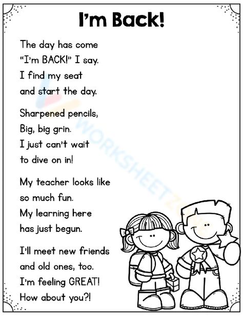 Students will delight in reading this fun back-to-school poem and then respond to the accompanying questions! #backtoschool #poems #rhymes #welcomeback #poemsforkid #kidsactivities #schools #worksheets #printable #worksheetforkids #ela #seasonal #kids #pdfs #backtoschoolpoem School Poem, Back To School Poems For Students, Welcome Poems, Two Years Old Activities, Back To School Poem, Poems For Students, Animals And Their Homes, School Reopen, Simple Poems