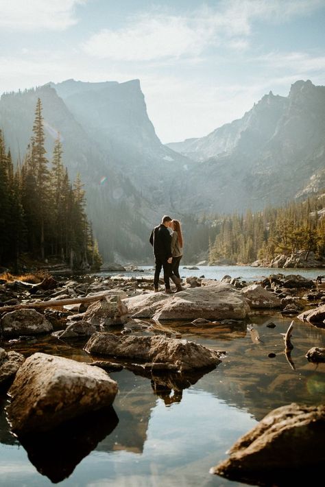 Rocky Mountain National Park Engagements photographed by Meg Layman Photography - Destination Wedding & Elopements Mountain Engagement Shoot, Rocky Mountain National Park Engagement, Mountain Photoshoot, Mountain Couple, Adventure Engagement Photos, Lake Photoshoot, Lake Engagement, Mountain Pictures, Cute Engagement Photos