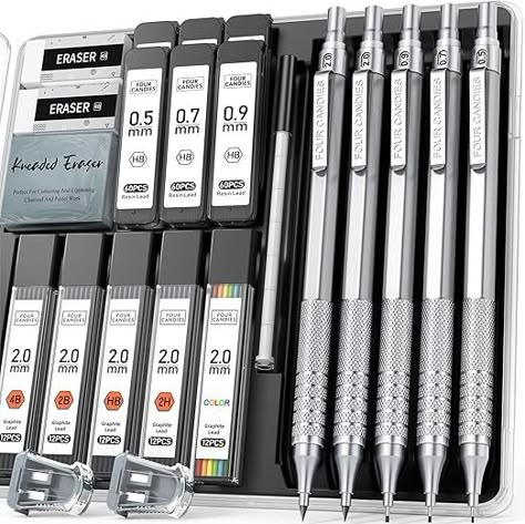 Amazon.com : Four Candies Metal Mechanical Pencil Set, 3PCS Art Drafting Pencils 0.5, 0.7, 0.9MM & 2PCS 2MM Mechanical Drawing Pencils with 420PCS Leads (4B 2B HB 2H Color) for Writing Sketching Drawing (Silver) : Office Products Best Mechanical Pencil, Drafting Pencil, Mechanical Pencil, Kneaded Eraser, Art Supplies Storage, Stationary Supplies, Art Pencils, Pencil Design, Art Easel